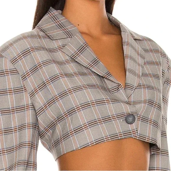 For Love And Lemons Gray Plaid Crop Blazer Size Small - Picture 2 of 10